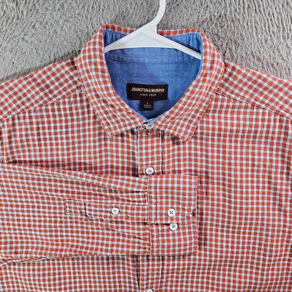 Johnston Murphy Casual Shirt Men Large Button Up Orange White Plaid / Inner Blue